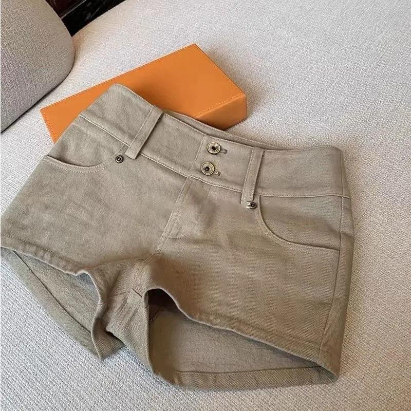 khaki American Style High Waist Figure Flattering Hip Denim Shorts Women's Spice Girls Summer New Style Casual Straight Leg Pants
