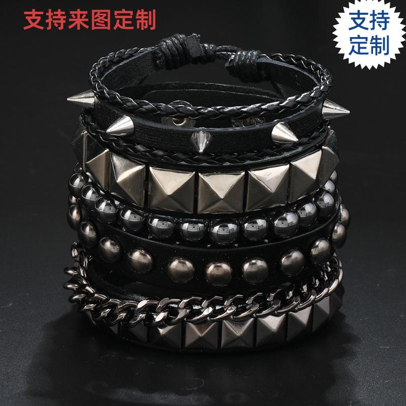 New Cross-border Hot Selling Skull Five-pointed Star Alloy Accessories Four-piece Cowhide Bracelet Amazon AliExpress