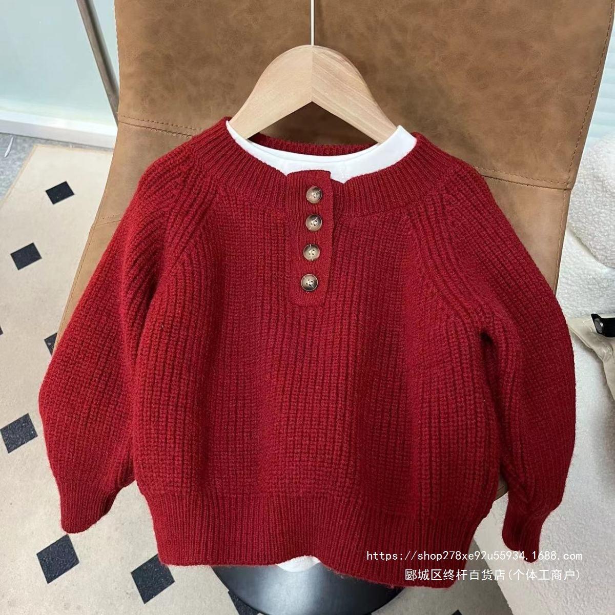 Autumn and winter children's red sweater, round neck, Korean style, long-sleeved base layer for little girls, fashionable baby top