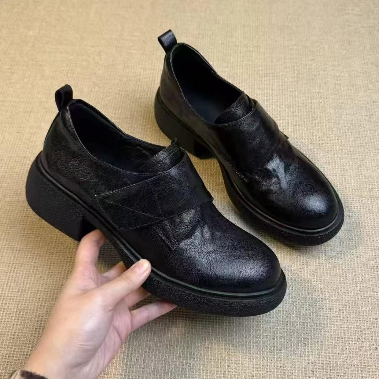 Velcro Sports Tire-Soled Loafers for Women, Chunky Heel 5cm, British Style Small Leather Shoes, High-Heeled Women's Shoes, Birkenstock Shoes