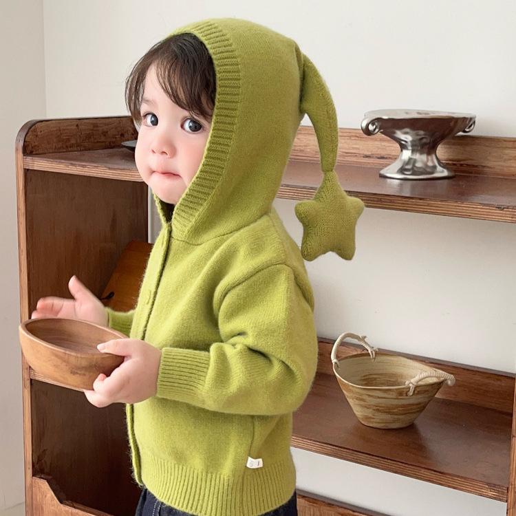 Baby Fun Star Pattern Hooded Knit Cardigan, New Spring/Autumn Style, Matcha Green Wizard Hat Soft Sweater for Boys and Girls