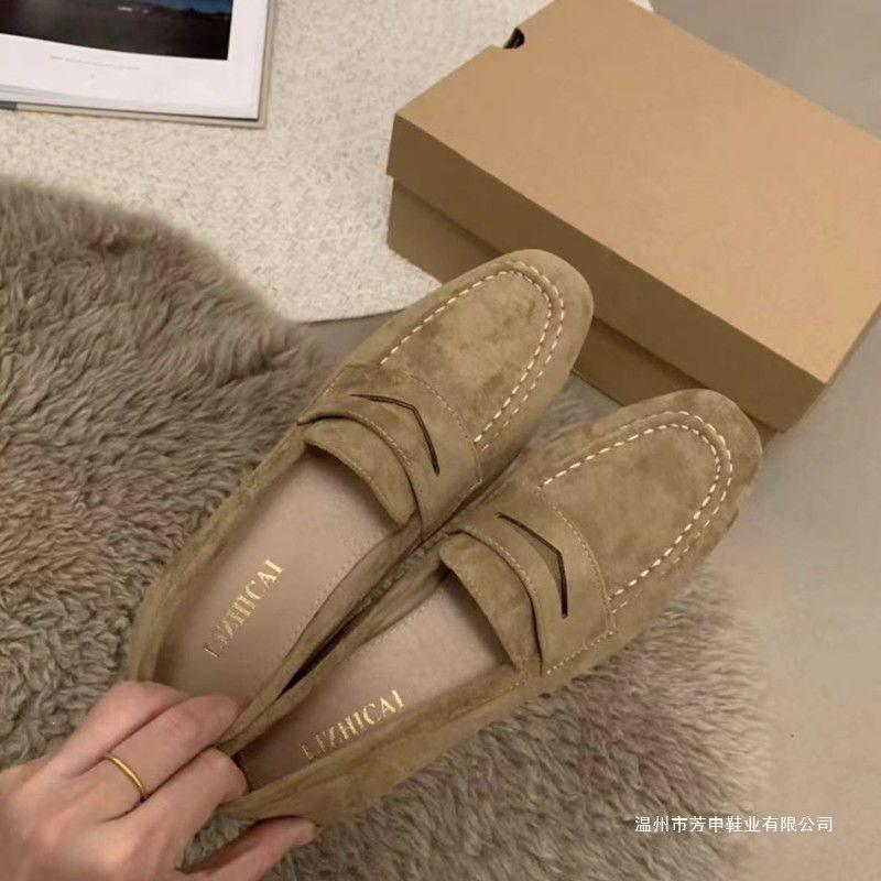 Women's slip-on flat retro loafers 2026 spring/autumn suede moccasins British style suede single shoes for women