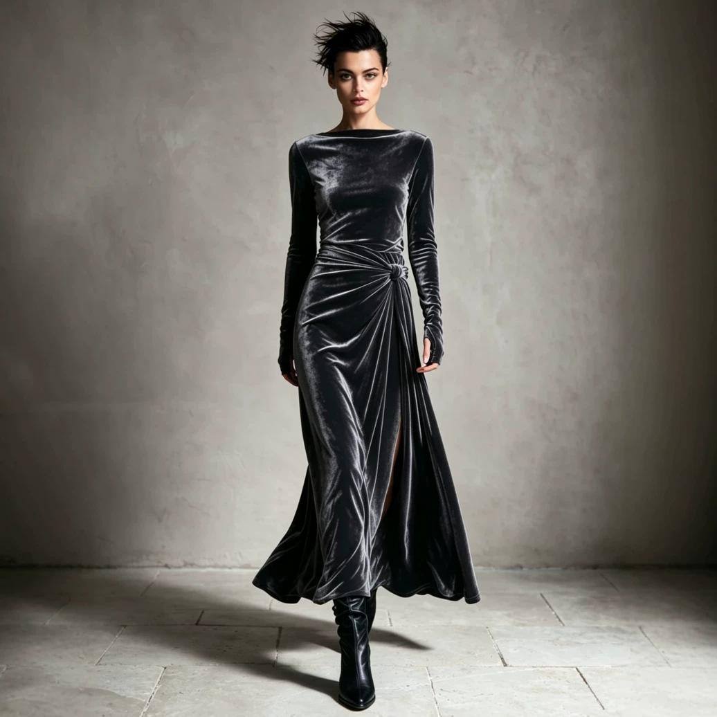 2026 European and American cross-border autumn/winter new collection: women's velvet dress, featuring a boat neckline, long sleeves, a twisted design, a slit, and a long, elegant silhouette suitable for evening wear