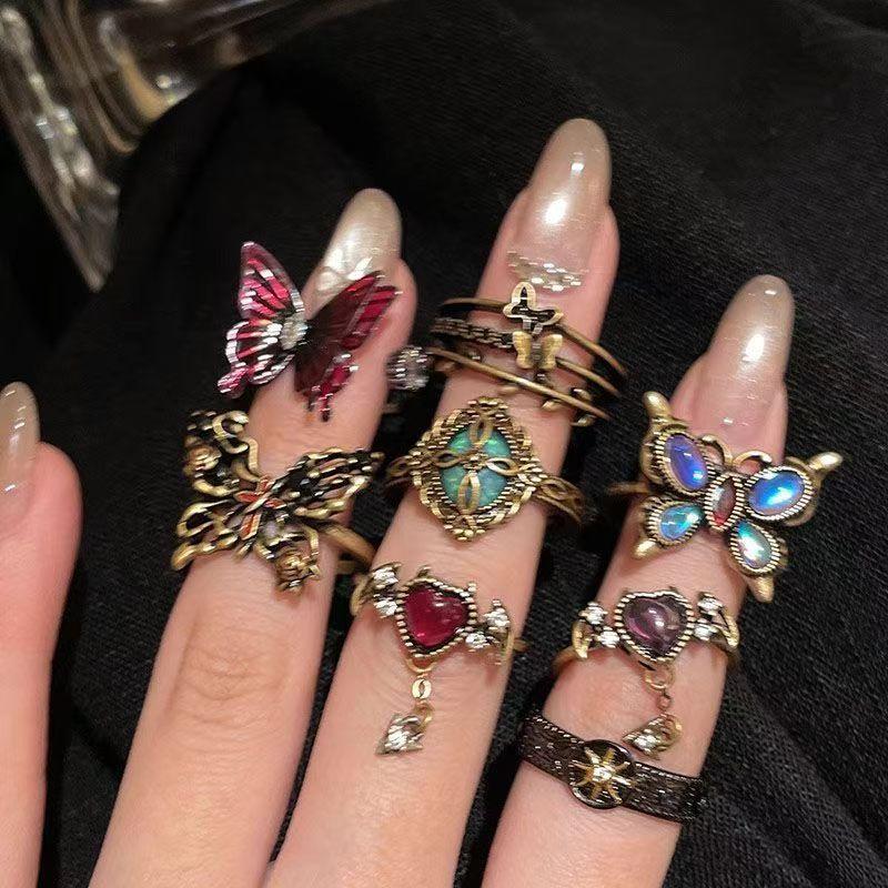 Dark Series~Butterfly Sunflower Niche Open Ring for Women, Vintage Fashion Index Finger Ring, Unique Finger Ring Jewelry