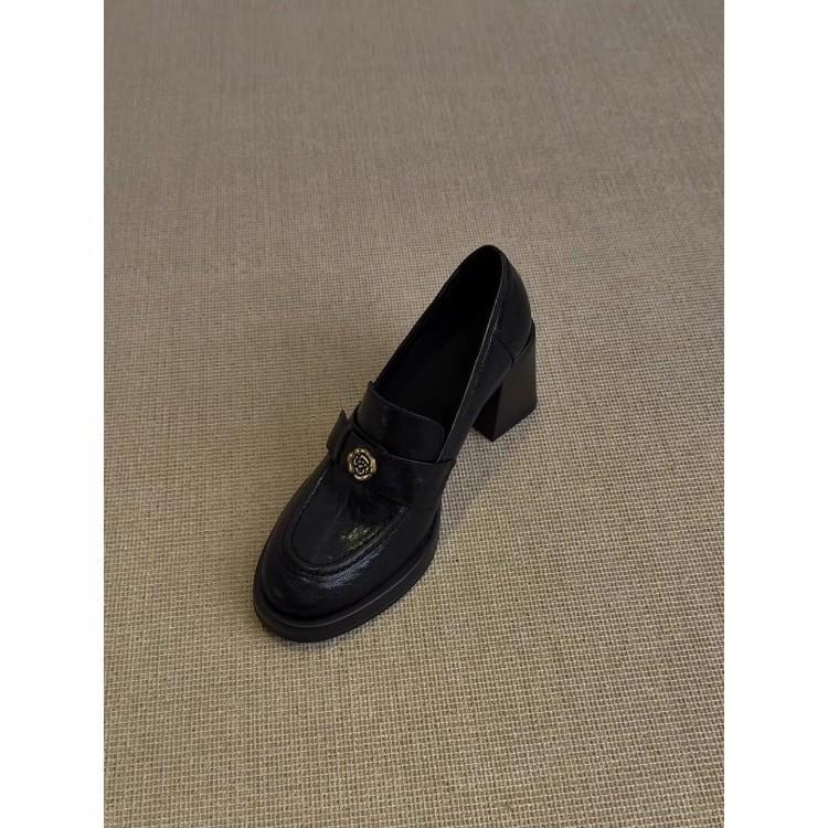 Soft Sheepskin Black High-Heeled Camellia Loafers for Women 2025 New British Style Genuine Leather Slip-On Thick-Soled Shoes
