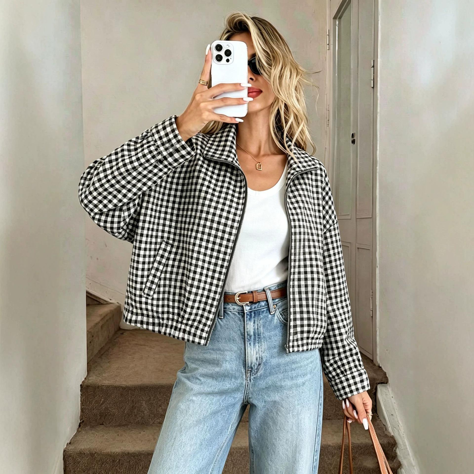 Autumn new cross-border in-stock short lapel zipper jacket top versatile fashion long-sleeve small plaid coat for women