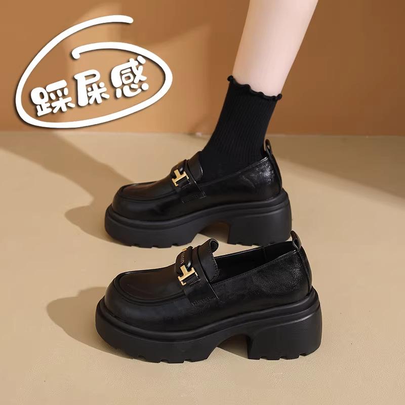 Yang Mi Style Thick-Soled Loafers for Women, Genuine Leather Black Small Leather Shoes, Size 34 for Petite Individuals, Height-Increasing Commuter Shoes, Non-Slip