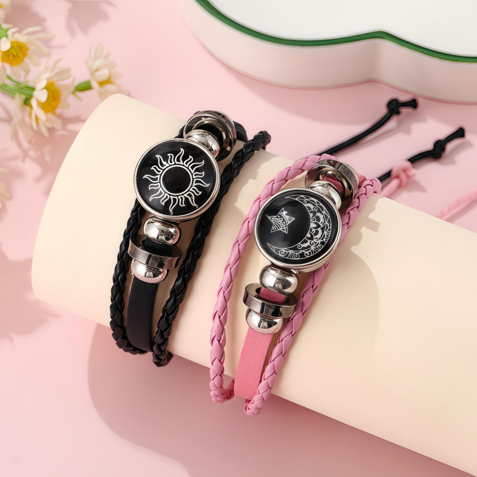 Sun and Moon Lovers Time Gemstone Bracelet Couple's Handmade Multi-Layer Woven Leather Chain Festive Elements Couple's Bracelet