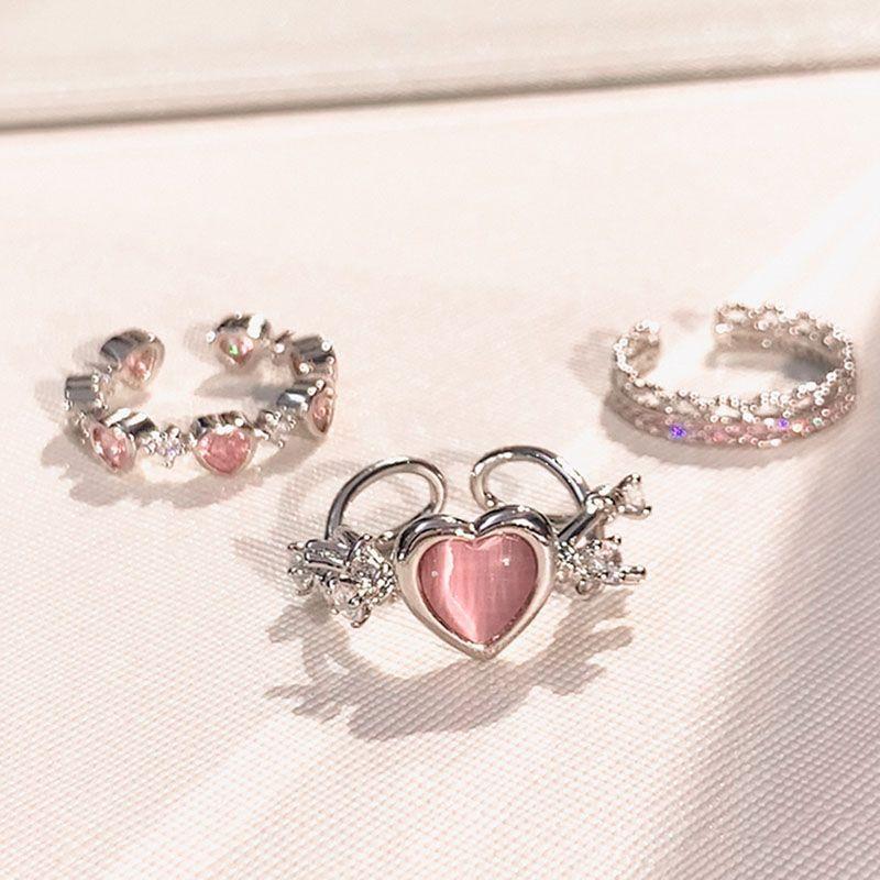 Sweet Cool Pink Diamond Love Ring Women's Niche Design Sense Ring Fashionable Personalized Finger Ring Opening Adjustable