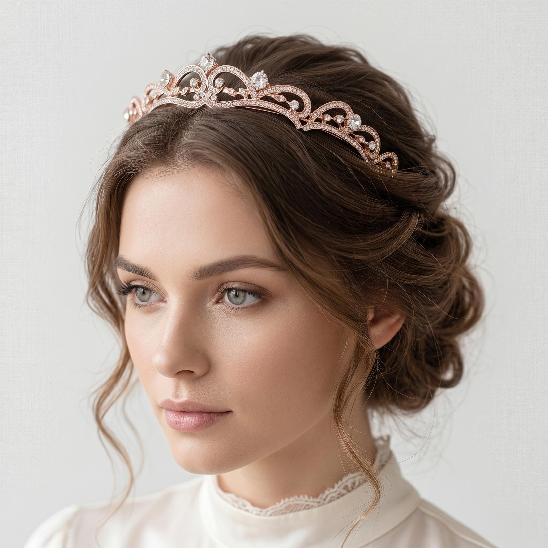 Simple Palace-Style Bridal Crown Rose Gold Rhinestone Headband European-Style Wedding Headdress High-End Princess Crown