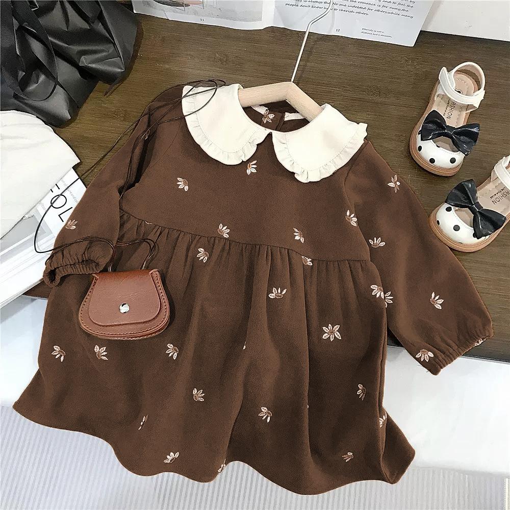 Baby Girl Flower Embroidered Lapel Dress Spring and Autum New Baby Girl Long-Sleeved Pullover Princess Dress Export