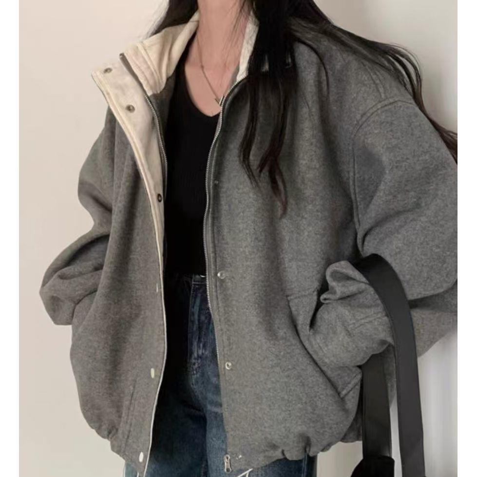 French Retro Grey Woolen Coat Women's 2025 Spring New Elegant Loose Jacket Baseball Suit Coat Top