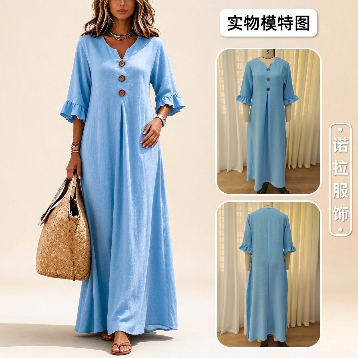 European and American Cross-Border Autumn and Winter Solid Color Women's V-Neck Long Dress, Fashionable and Elegant Dress with Pockets, Loose Flared Skirt