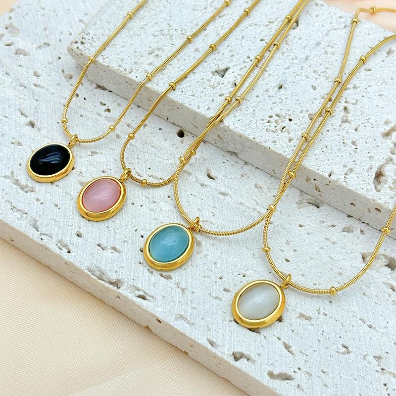 Cat's Eye Stone Pendant Necklace Small Round Bead Oval Women's Clavicle Chain Simple Fashion Versatile Chain Korean Style Crystal Short Style