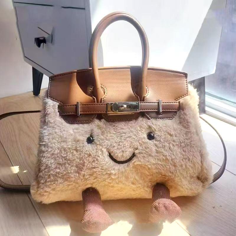 2026 Autumn/Winter Cartoon Fashion Furry Bag Kelly Handbag Cute Smiley Face Plush Crossbody Bag