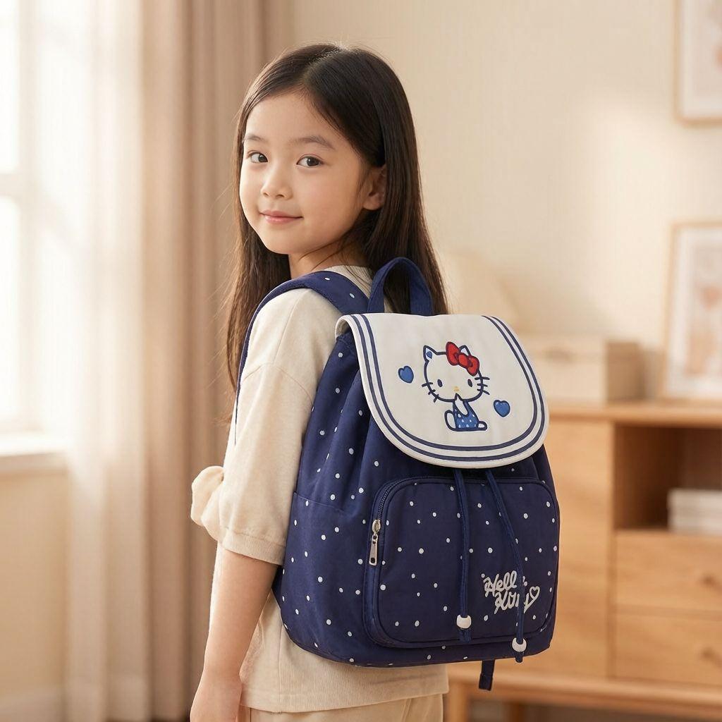 Children's navy-style backpack, featuring a Hello Kitty cartoon and polka dot design, with a drawstring closure, cute and adorable, suitable for girls and students