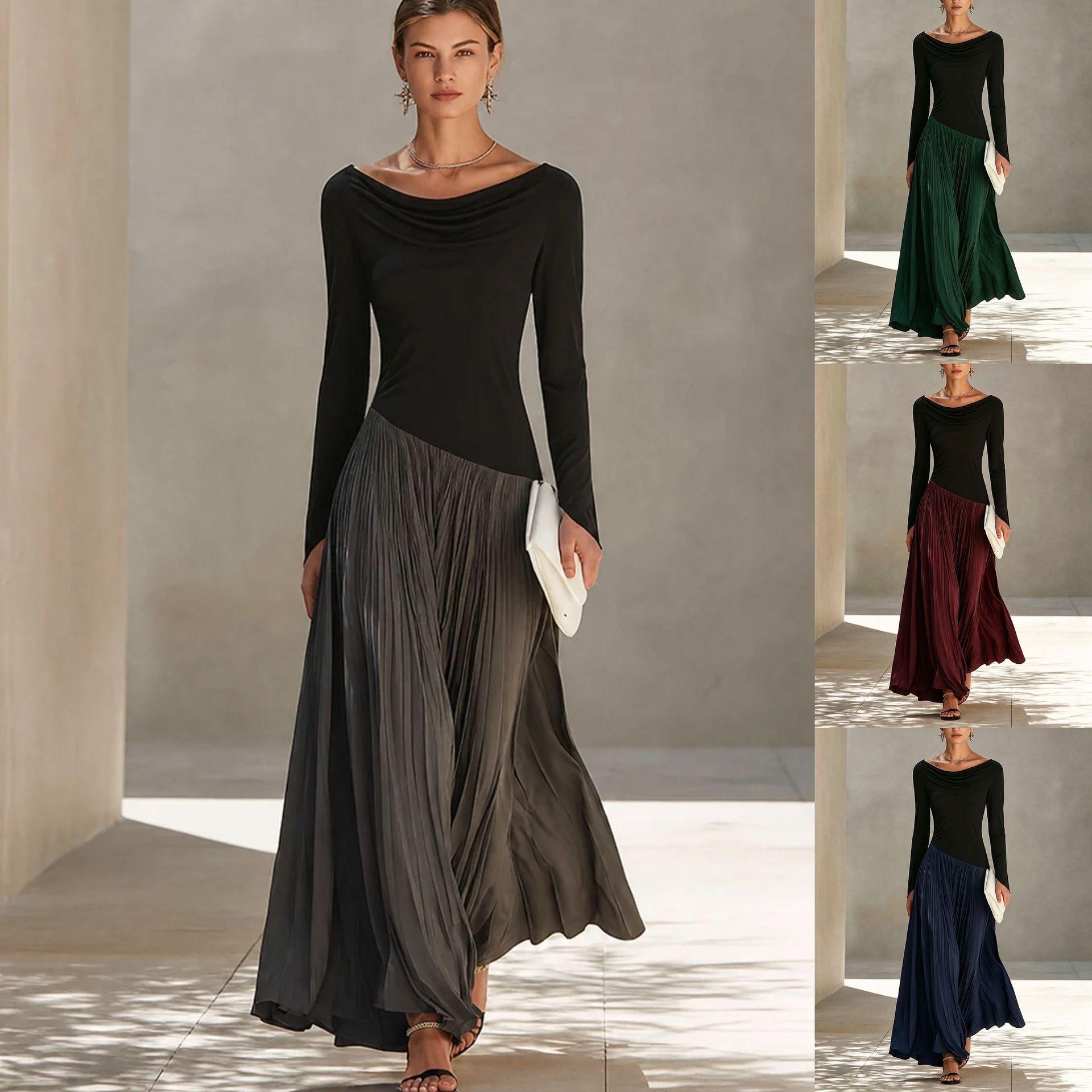 In stock: European and American cross-border 2026 autumn new collection, elegant dress with a flared neckline, fashionable color-block long-sleeve dress for women