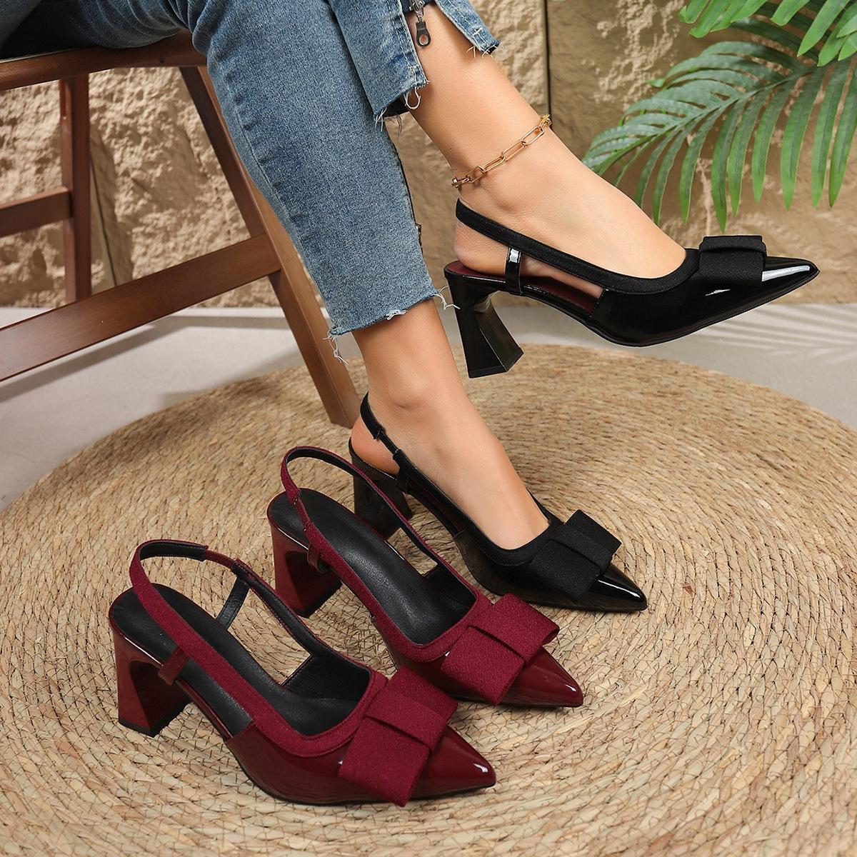 2026 Summer New Cross-Border Bowknot European and American High-Heeled Sandals for Women, Large Size, Chunky Heel, Pointed Toe, Closed-Toe Sandals in Stock