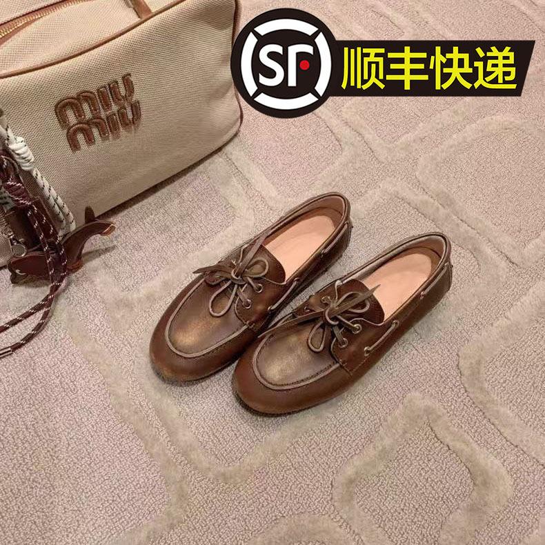 Full Cowhide ~ Genuine Leather Flats Loafers for Women 2025 New Handmade Distressed Bow Brown Small Leather Shoes Flats