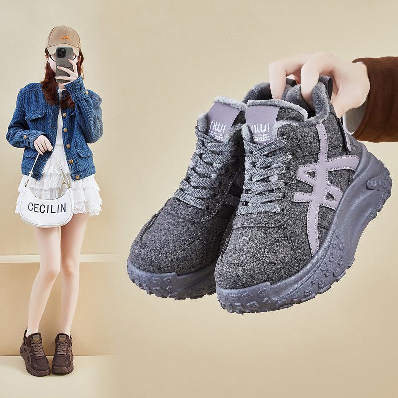 Ins Korean Version of the New Style Fleece-Lined High-Top Dad Shoes for Women 2026 Winter Student Casual Shoes Thick-Soled Height-Increasing Xw066