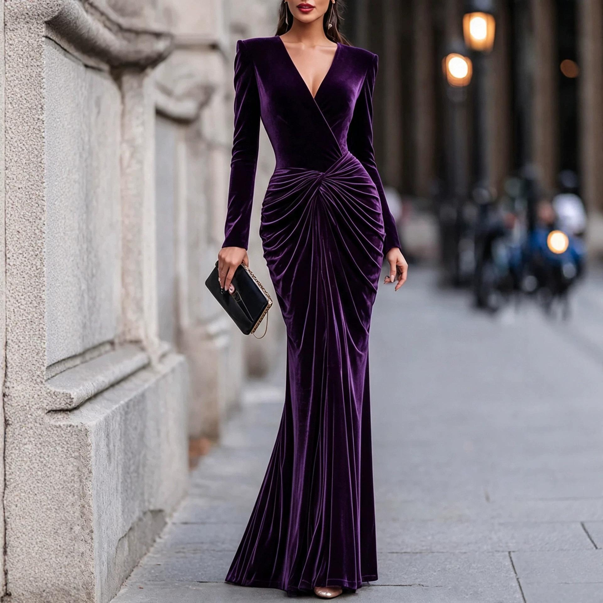 2026 New Amazon Foreign Trade European and American V-neck Bodycon Dress Slim Elegant Fishtail Evening Gown