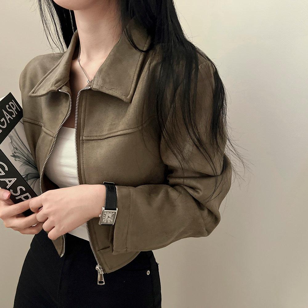 Korean chic autumn retro stylish lapel zipper loose versatile long-sleeve faux leather short jacket for women