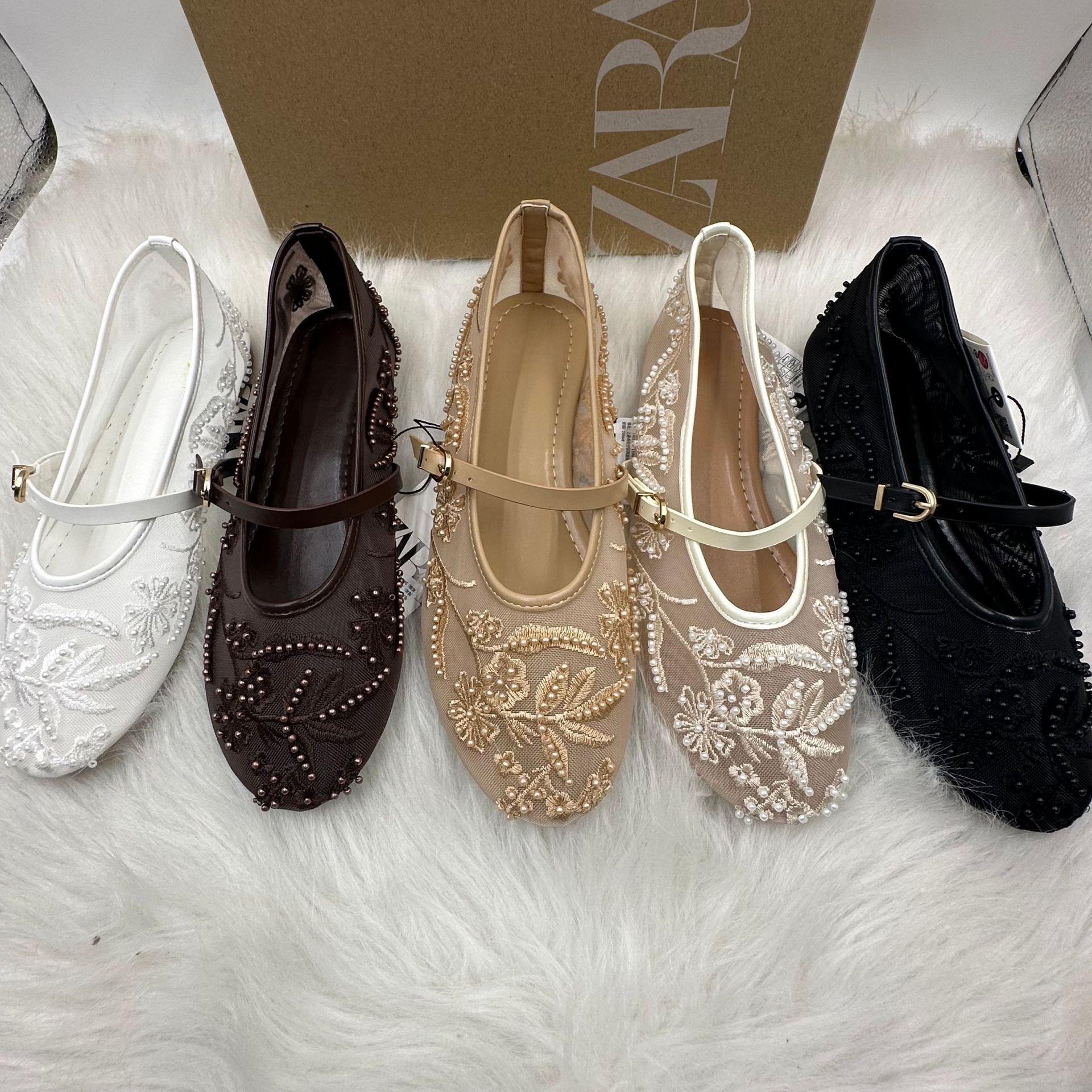 Za 2022 New Women's Shoes Spanish Embroider Fashion Low-Top Embroidered Mesh Shoes for Women