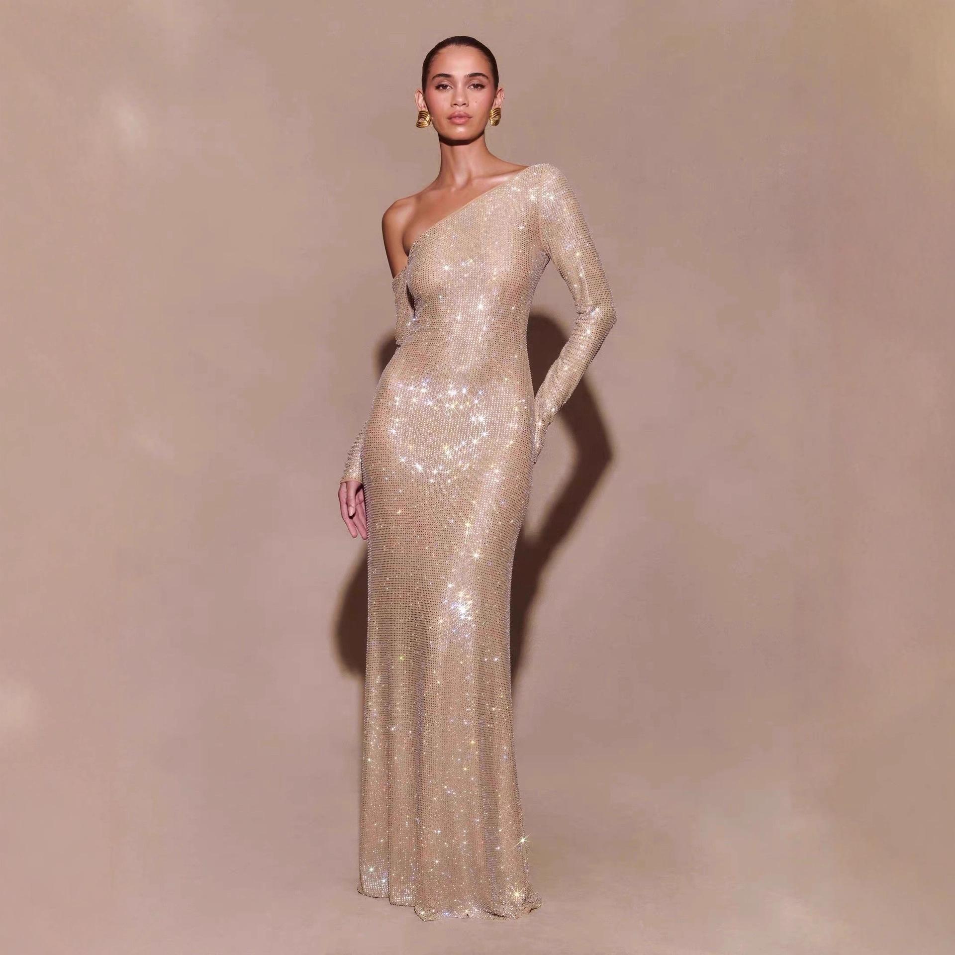 Romantic French High-End Irregular Sloping Shoulder Dress Sexy Off-Shoulder Waist-Cinching Sparkling Diamond Banquet Dress