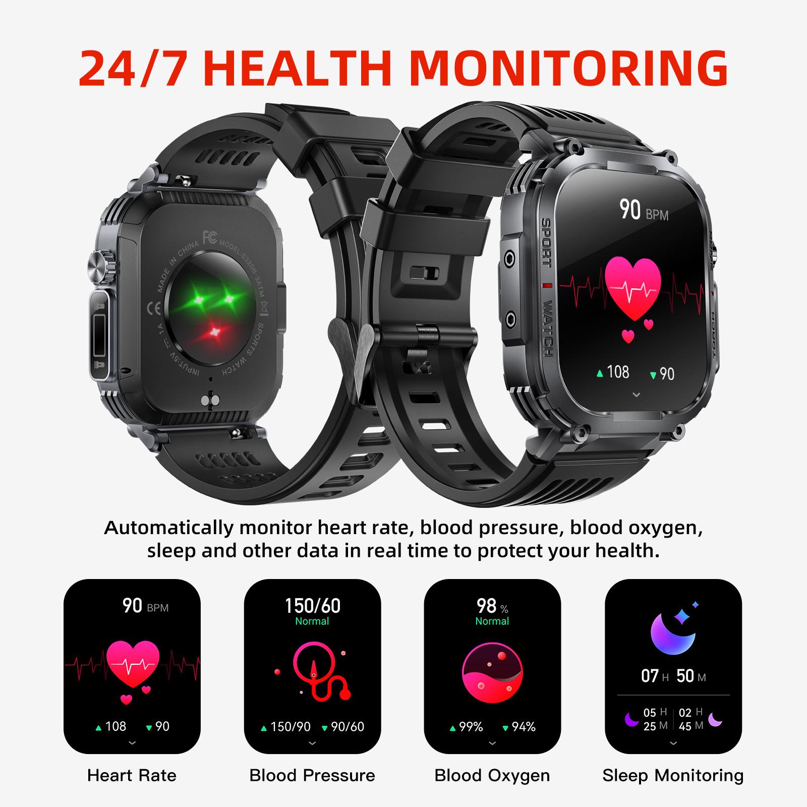 S320B smart watch Bluetooth call flashlight music play heart rate watch men's three-proof cross-border foreign trade