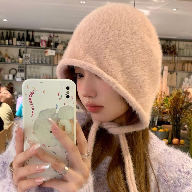 Japanese style solid color faux mink fur lace-up wool hat female autumn and winter warm ear protection casual dome soft glutinous fisherman hat
