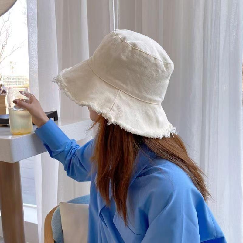 Women's Summer Korean Style Trendy Japanese-Style Frayed Fisherman Hat Black Student Simple Frayed Sun Protection Bucket Hat Sunshade Hat