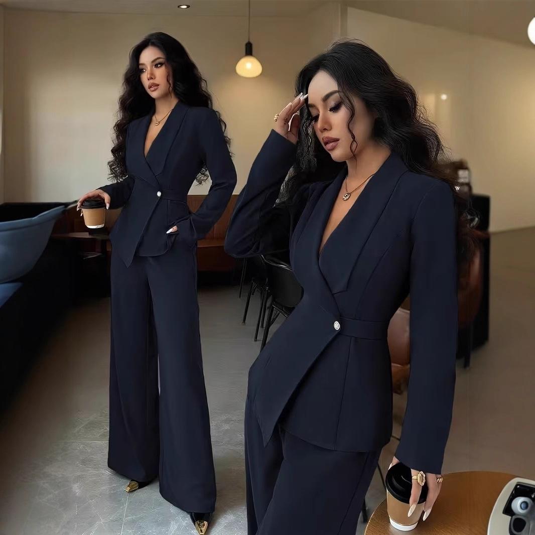 European and American Women's Clothing, Spring and Autumn Fashion, Elegant Casual Suit, Women's Solid Color V-Neck Long Suit with Wide-Leg Pants Two-Piece Set