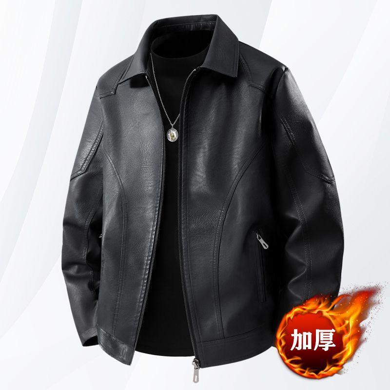 Men's New Leather Jacket, Slim Fit, Autumn and Winter Thin Style, Casual, Fleece-Lined, Thickened, Turn-Down Collar, Middle-Aged Men's Coat, New Model