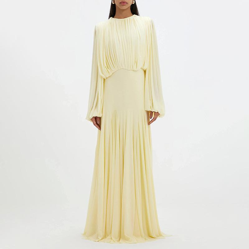 French-Style Elegant and Gentle Dress 2026 New Model Round Neck High-End Pleated Patchwork Waist-Cinching Long Dress