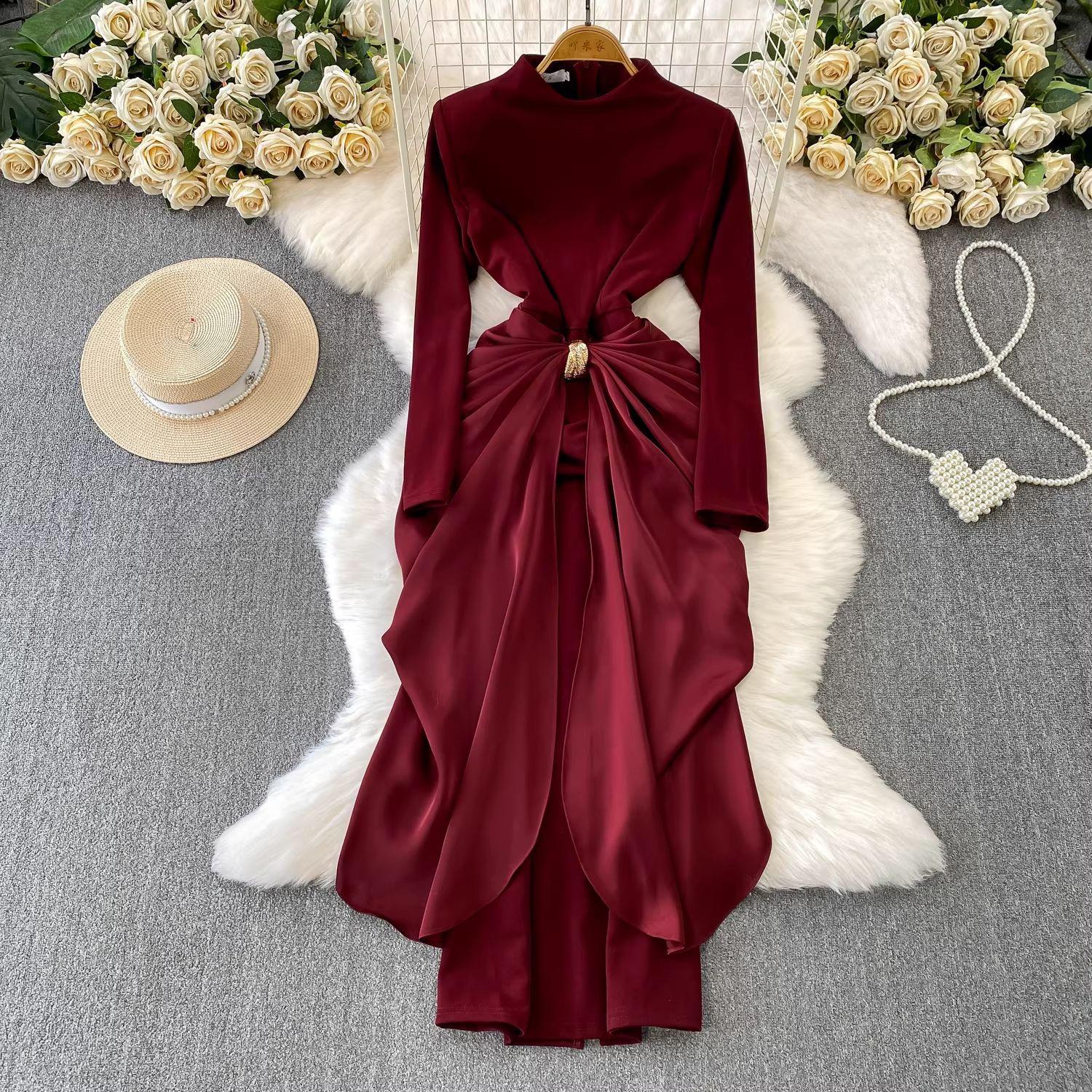 European and American Cross-Border Light Luxury Socialite-Style Dress for Women, Autumn and Winter Design, Irregular Splicing, Elegant Long Dress