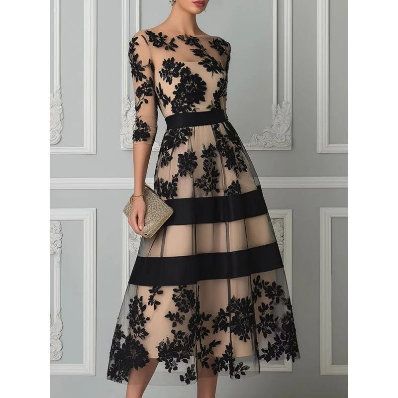 European and American women's fashion mesh midi dress with off-shoulder design, three-quarter sleeves, flocked floral stripes, and a waist-cinching design