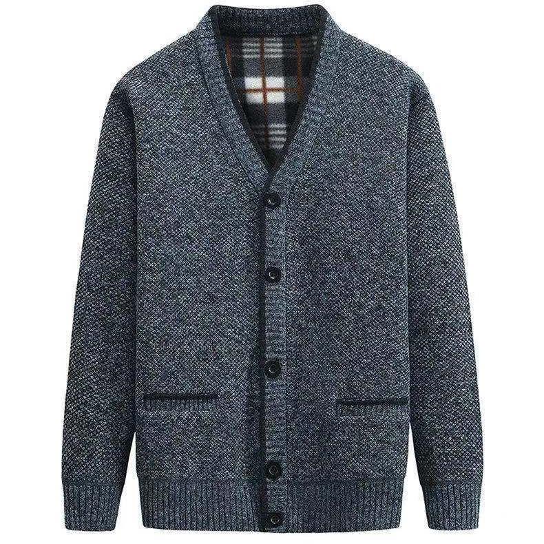 Winter Fleece-Lined Cardigan for Middle-Aged Men, Thickened V-Neck Knit Jacket for Middle-Aged and Elderly Dads, Available for Wholesale