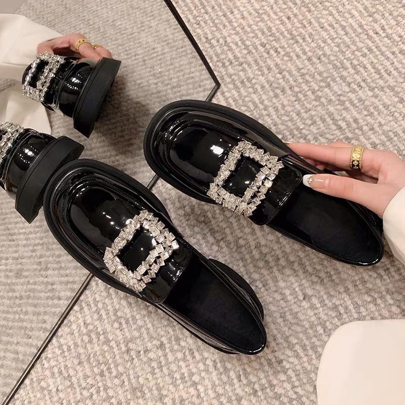 Cowhide Edition Genuine Leather Thick-soled Loafers Women's Autumn and Winter New Rhinestone Square Buckle Round Head British Coarse Heel Small Leather Shoes Single-layer Shoes