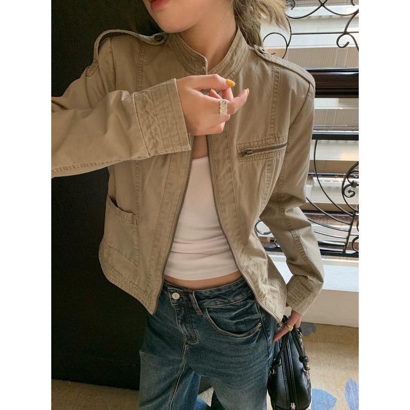 American-style distressed stand-collar denim jacket for women, 2026 autumn new vintage niche design, regular shoulder, short top