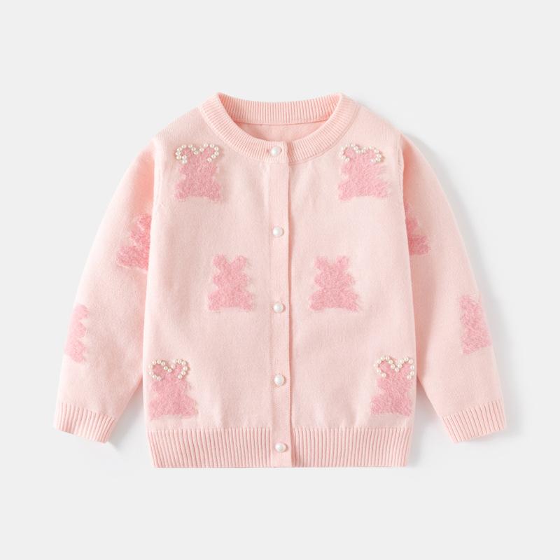 Children's clothing girls imitation mink beaded rabbit knitted cardigan coat a generation of baby core-spun yarn open chest sweater