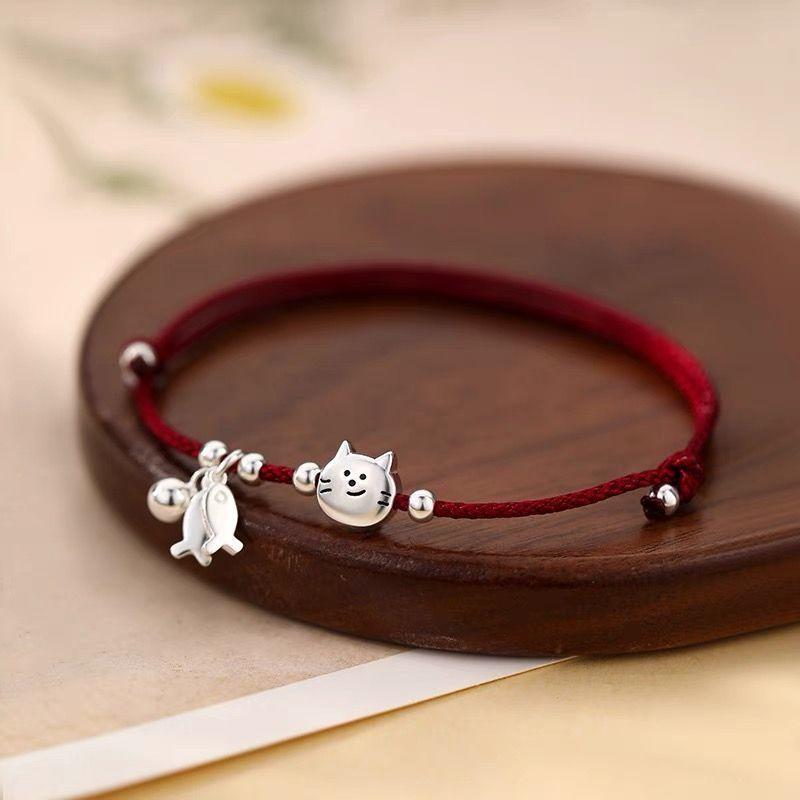 Red Riding Book Explosions Cute Cat Love Fish Red Rope Bracelet Women's Hand Weaving All-match National Style New Hand Ornament Hand Rope