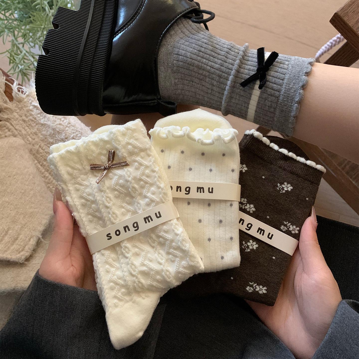 Lace Socks for Women, Mid-Calf Socks, Spring and Summer Cotton Socks, Bowknot Floral Retro Korean Style Japanese Spring Long Socks