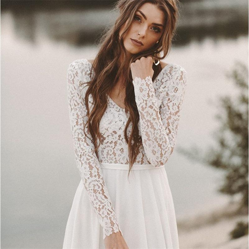 Foreign trade wedding dress, new forest-style design for brides, simple long-sleeved deep V-neck lace backless dress with a small train, soft tulle, slimming effect