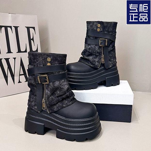 Vintage Melard Boots for Women, Autumn/Winter New Style, Petite Size, 10cm Thick Sole, Height-Increasing Belt Buckle Motorcycle Martin Boots