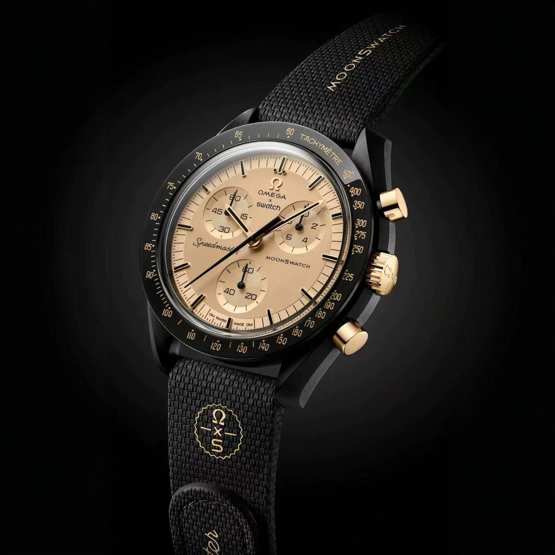 European co-branded men's quartz chronograph watch, moon-themed fashion wristwatch, black and gold color scheme with Velcro strap