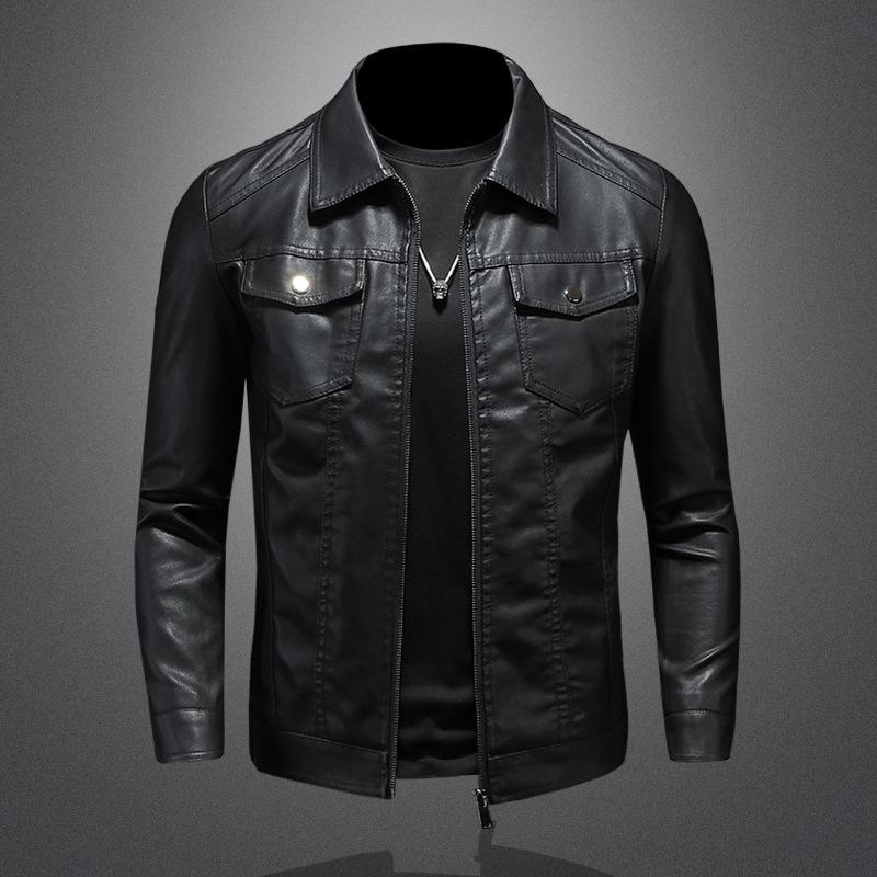 Men's Leather Jacket 2024 New Spring, Autumn and Winter Korean Style Slim Trendy Fleece-Lined Thickeneded Motorcycle Jacket Men's Leather Jacket