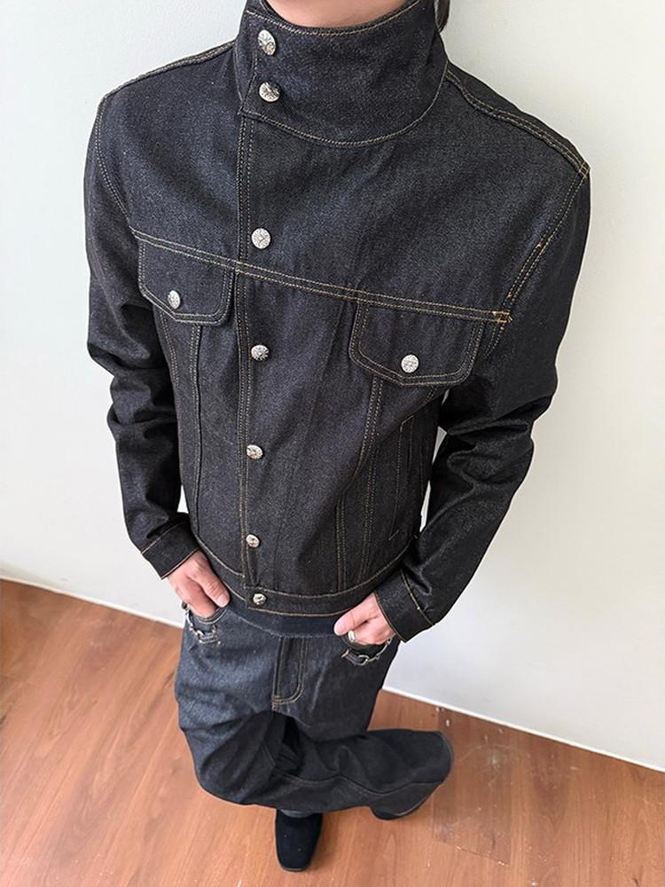 14.5 oz imported classic loose fit raw denim jacket with a slanted collar, stiff and unwashed, men's workwear jacket