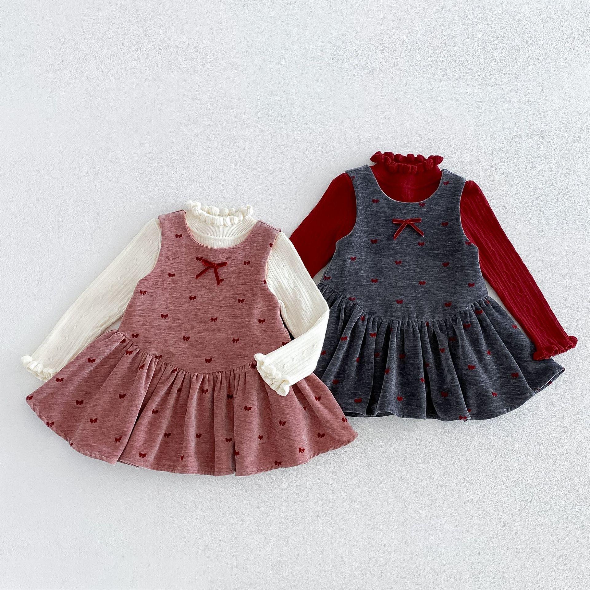 Girls' snow cotton vest dress, winter baby cute bowknot fleece dress, children's dress z6501