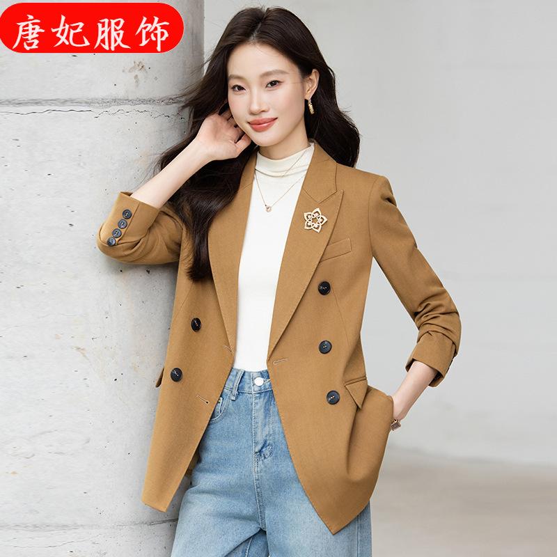 Brown Double-Breasted Long-Sleeved Small Suit Collar Jacket for Women, Professional Casual Fashion, Slim Fit, Elegant Commuter Top