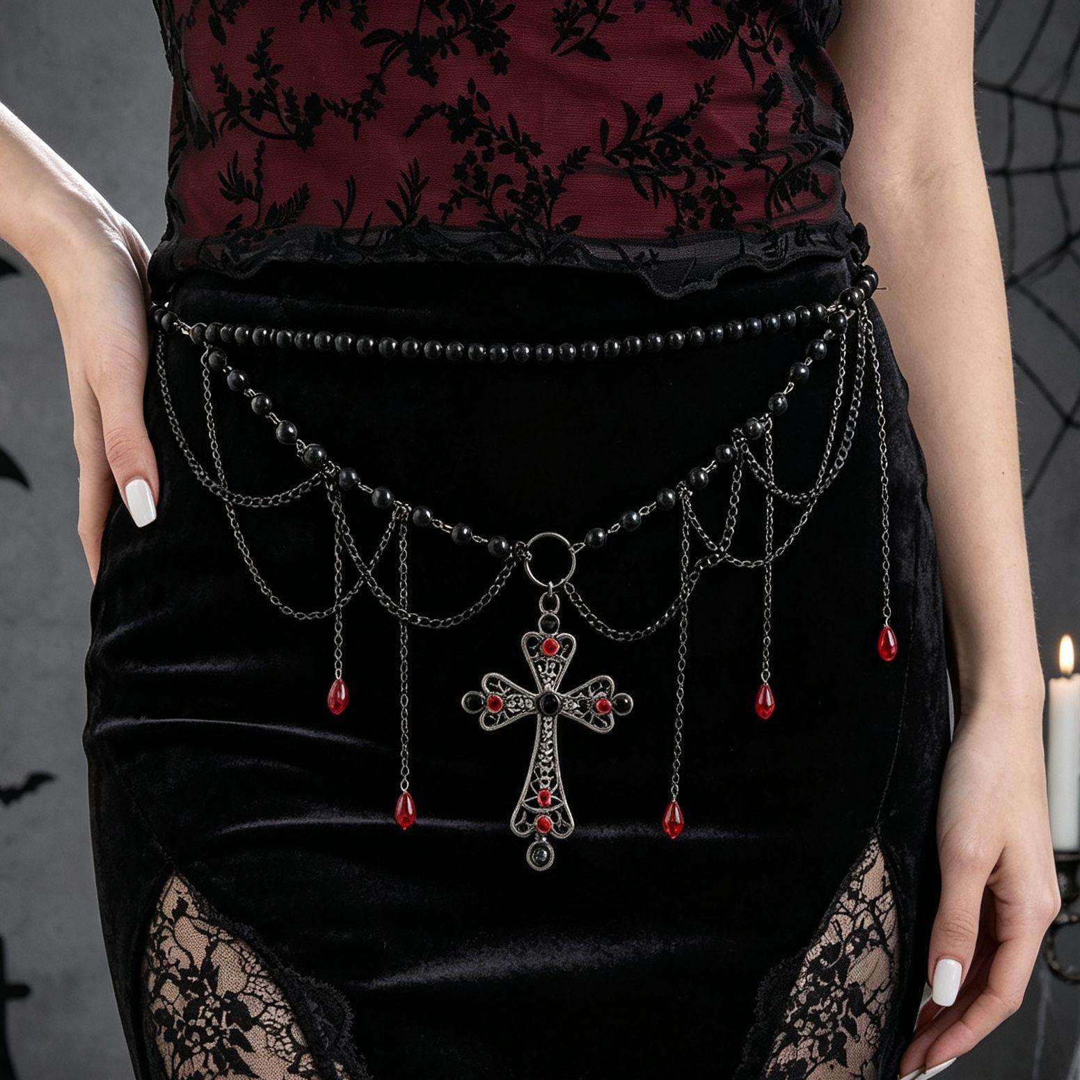 Dark Gothic Black Pearl Cross Waist Chain with Vintage Multi-layer Chains and Red Water Drop Pendant - Halloween Body Accessory